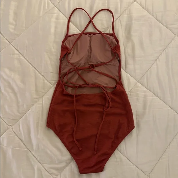 Red/Burgundy One-Piece Swimsuit with Adjustable Straps and High-Cut Legs - Picture 8 of 8
